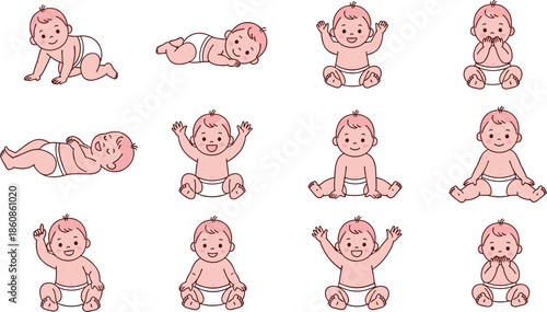 Cute Cartoon Baby Illustration Set Showing Various Developmental Milestones Including Crawling Sitting Laughing and Playing for Nursery Design and Parenting Blog Content