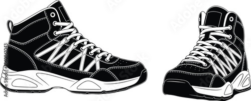 Detailed silhouette illustration of high-top hiking shoes with textured soles and laces, ideal for outdoor gear and fashion design