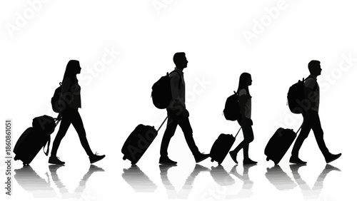 Family silhouette walking with luggage and backpacks on white background.