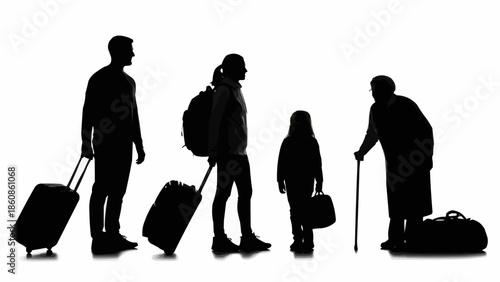 Family silhouette with luggage traveling together on vacation.
