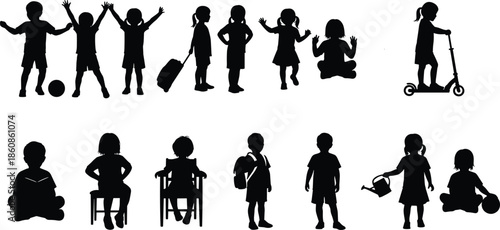 Diverse Children Activity Silhouette Set Featuring Boys and Girls Playing Soccer Riding Scooter Reading Carrying Backpack and Gardening Vector Illustration