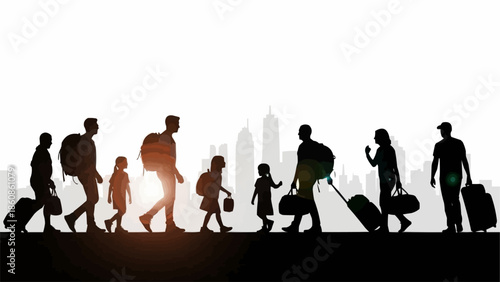 Family silhouette walking with luggage in front of city skyline.