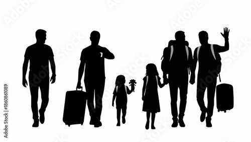 Family silhouettes traveling together with luggage on white background.