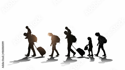 Family silhouettes walking with luggage on white background.