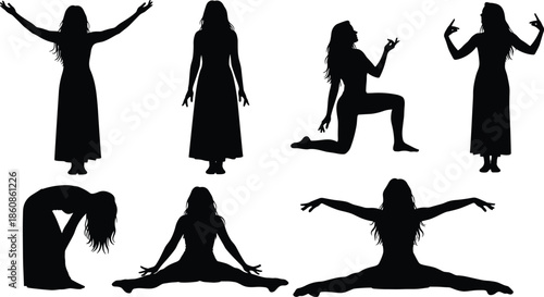 Female dancer silhouette poses collection isolated on white background expressing movement flexibility yoga dance art and expressive body language