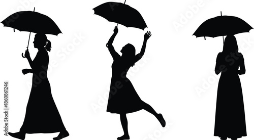 Female silhouettes holding umbrellas in different poses, rainy weather concept, walking and dancing women, elegance, fashion and lifestyle illustration