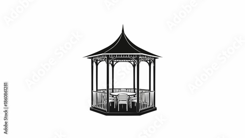 Elegant Black Gazebo Structure with Table and Chairs Inside.
