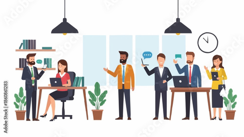 Diverse team collaborating in a modern office environment.