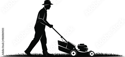 Man Mowing Lawn with Push Lawn Mower, Black Silhouette Illustration Representing Gardening, Landscaping Work, Yard Maintenance, and Outdoor Home Care