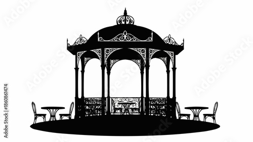Elegant Gazebo Structure with Tables and Chairs Silhouette.