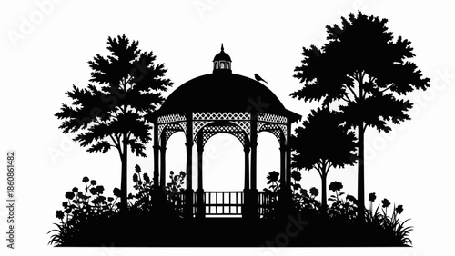 Elegant Gazebo Silhouette Surrounded by Trees and Flowers.