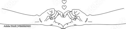 Minimalist line art illustration of two hands forming a heart shape with small floating hearts for romantic wedding and valentines designs.