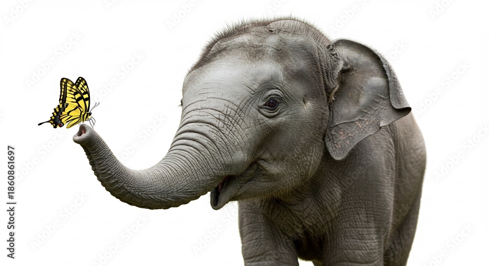 Obraz premium Innocent baby elephant curiously gazes at a vibrant butterfly resting on its upturned trunk bright clean studio shot. AI Generated