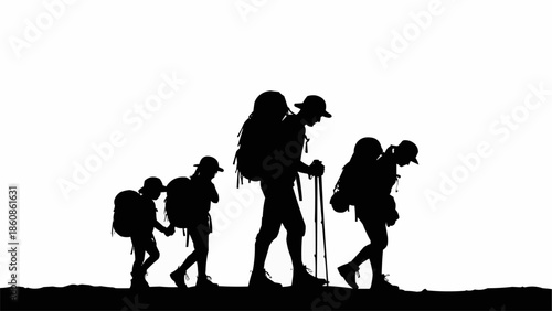 Family hiking adventure silhouette on white background.