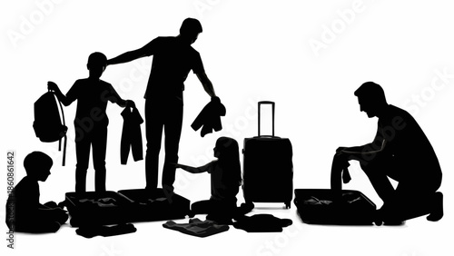 Family packing luggage for vacation travel adventure silhouette.