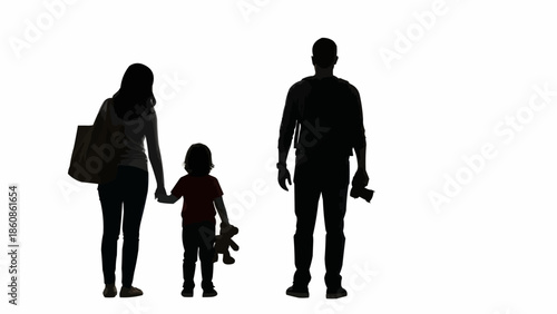 Family Silhouette Holding Hands With Child And Toy.