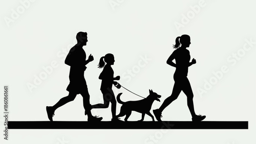 Family Silhouette Running With Dog Outdoors.