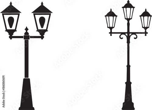  Lamp Post Lights Vector Icon. Urban Outdoor Lighting Silhouette.