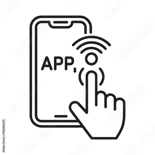 Smartphone app interaction with a hand touching the screen and wireless signal