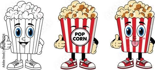 Collection of cute cartoon animals, athletic children, popcorn mascots, diving scuba gear, and fire extinguisher illustrations isolated on white background,