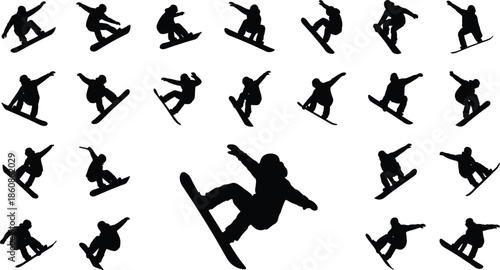 Snowboarder action silhouettes collection showing freestyle jumps tricks winter extreme sport movements black vector illustration isolated set