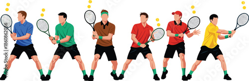 Collection of cute cartoon animals, athletic children, tennis players, mosque silhouettes, popcorn mascots, diving gear, and fire extinguisher illustrations, isolated on white,