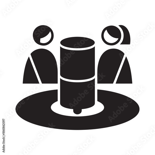 Two people interacting around a cylindrical object on a circular base