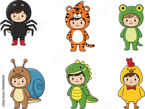 Collection of cute children wearing animal costumes like spider, tiger, frog, snail, dinosaur, and chicken for Halloween or a costume party