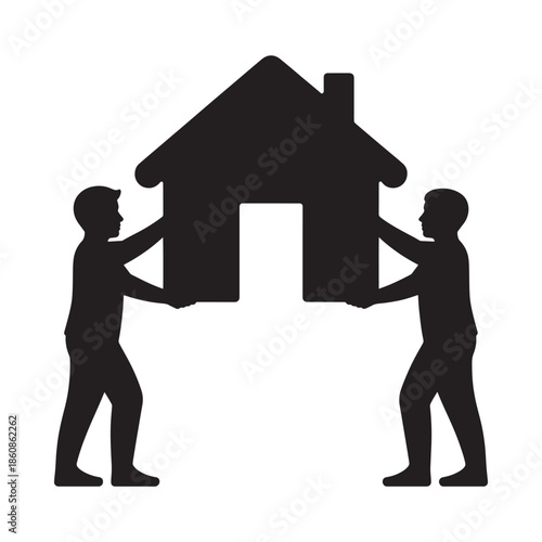 Two people carrying a house silhouette representing homeownership and support