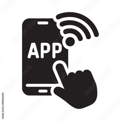 Mobile app interaction with wireless signal icon hand touching screen