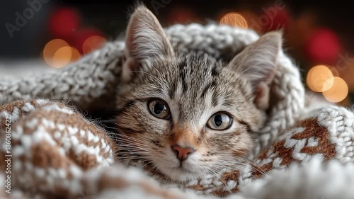 Wallpaper Mural Cute Kitten in Blanket Amidst Warm Christmas Lights Torontodigital.ca