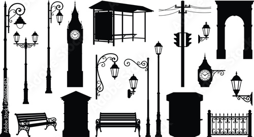 Vintage city street silhouettes set with lamps benches clocks bus stop fence arch isolated on white background urban vector illustration