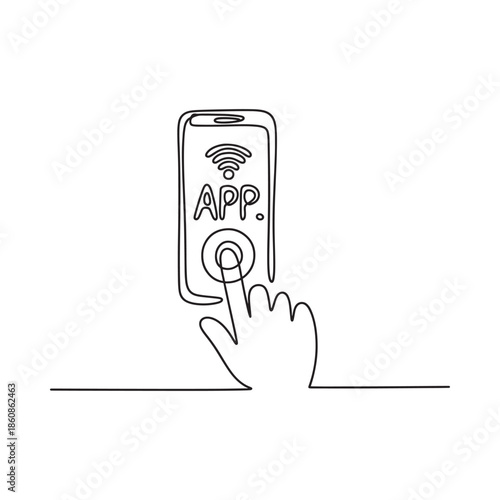 Line drawing of a hand touching a smartphone displaying an app icon
