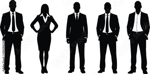 Collection of professional business people silhouettes wearing formal suits standing in a row isolated on white background for corporate team designs