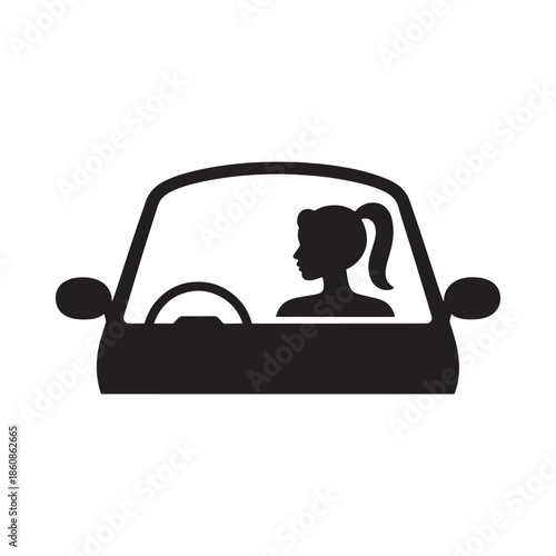 A silhouette of a woman driving a car viewed from the front