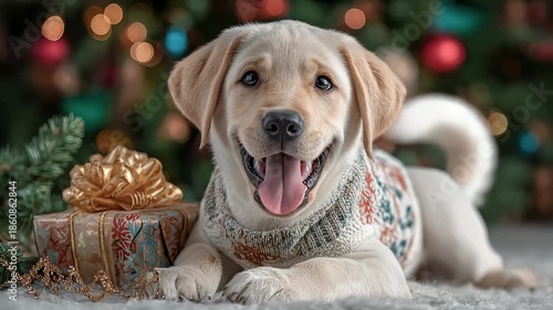 Wallpaper Mural Warm Christmas Golden Retriever Puppy with Twinkling Lights Gift Torontodigital.ca