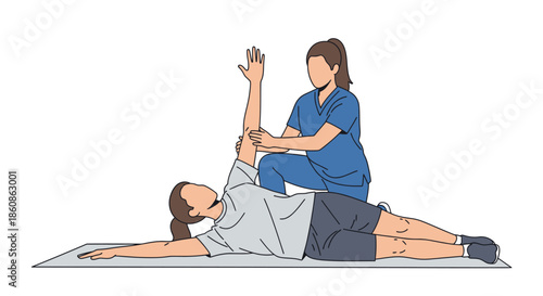 Healthcare professional physiotherapist guiding patient through shoulder external rotation rehabilitation exercise on a mat, vector illustration.