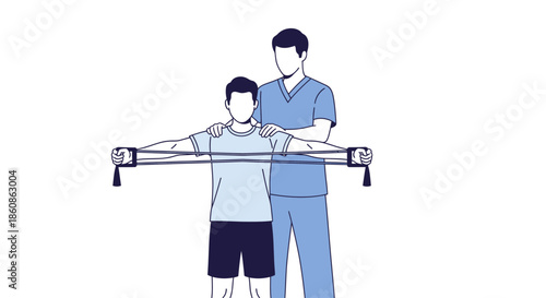 Physiotherapist assisting patient during shoulder strength rehabilitation exercise using a resistance band training apparatus.