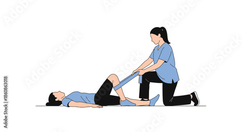 Physiotherapist performing physical therapy and stretching a patient's leg with a resistance band for injury rehabilitation treatment.