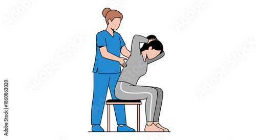 Professional Physiotherapy aiding female patient with spine health assessment during rehabilitation therapy session, flat vector illustration.