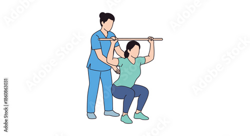 Physiotherapy session illustration: female therapist assisting patient performing overhead barbell squats for recovery and strength training.