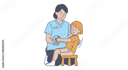 Pediatric Physiotherapist Assisting Young Girl with Rehabilitation Exercise and Balance Training using a small therapy ball.