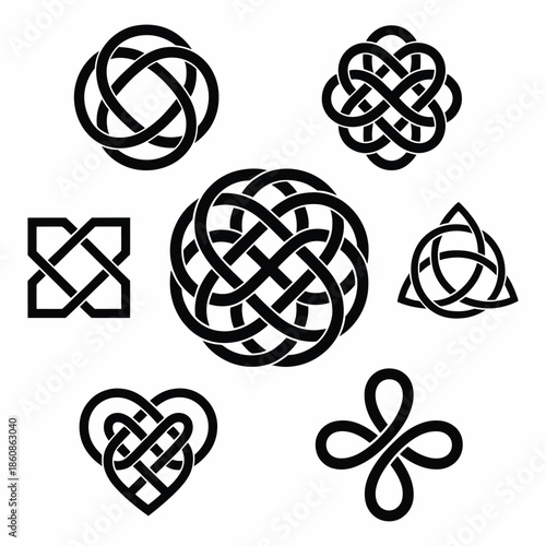 Traditional Celtic infinity knot vector elements set, featuring intricate knotwork designs, endless loops, and ornamental patterns for digital illustration