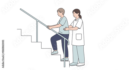 Physical therapy rehabilitation session: Nurse assists patient walking upstairs using the handrail, focusing on mobility recovery and movement training.