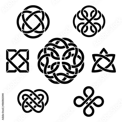 Traditional Celtic infinity knot vector elements set with detailed knotwork, ornamental loops, and endless patterns, ideal for cultural illustration, decorative artwork, and professional vector design