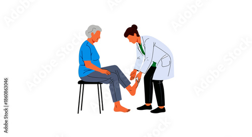 Healthcare professional checking the foot of a senior woman during a medical examination, symbolizing orthopedic or physiotherapy care.