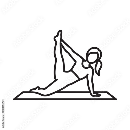 A simple line drawing depicts a woman practicing a yoga pose on a mat