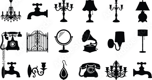 Vintage household silhouettes collection featuring lamps chandeliers telephones mirrors faucets decor objects black vector illustration set classic antique interior design