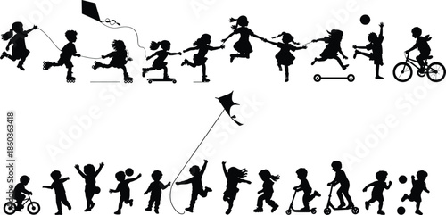 Set of silhouette illustrations of children playing, jumping, running, riding bikes, flying kites, and enjoying outdoor activities