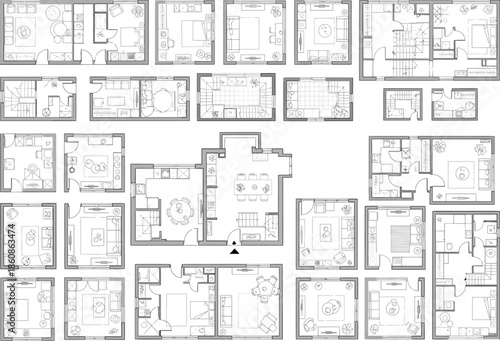 Collection of diverse floor plan layouts for apartments and houses